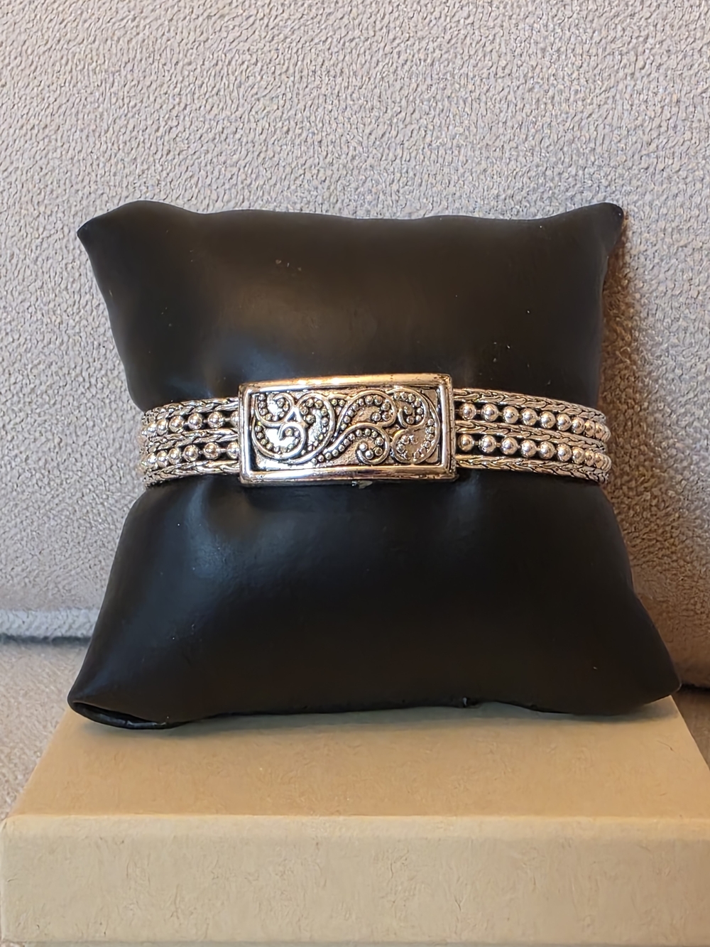 Silver Tone Multi Strand Beaded Scrollwork Statement Bracelet